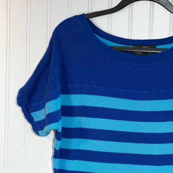 LRL Ralph Lauren Jeans Co Shirt Women Large Blue Strip Short Sleeve Pullover - Picture 2 of 9
